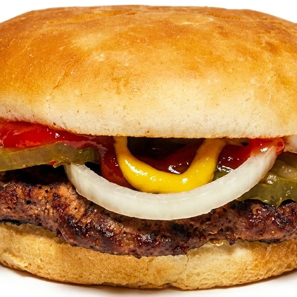 A classic hamburger with a grilled patty, onions, pickles, ketchup, and mustard on a bun.