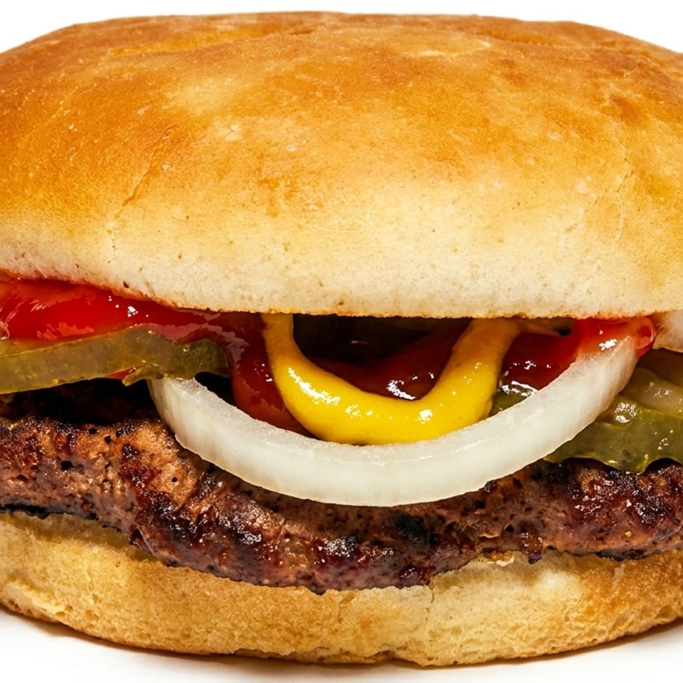 A classic hamburger with a grilled patty, onions, pickles, ketchup, and mustard on a bun.