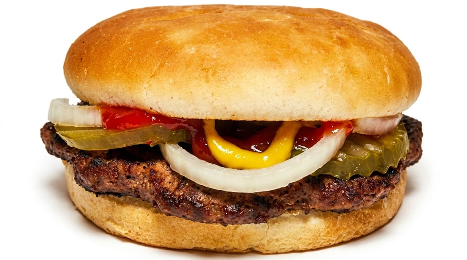 A classic hamburger with a grilled patty, onions, pickles, ketchup, and mustard on a bun.