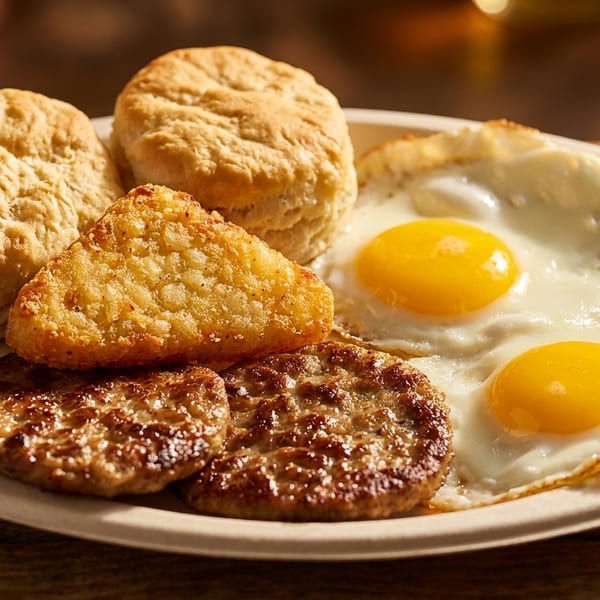 A breakfast platter with two biscuits, hash browns, sausage patties, and two fried eggs.
