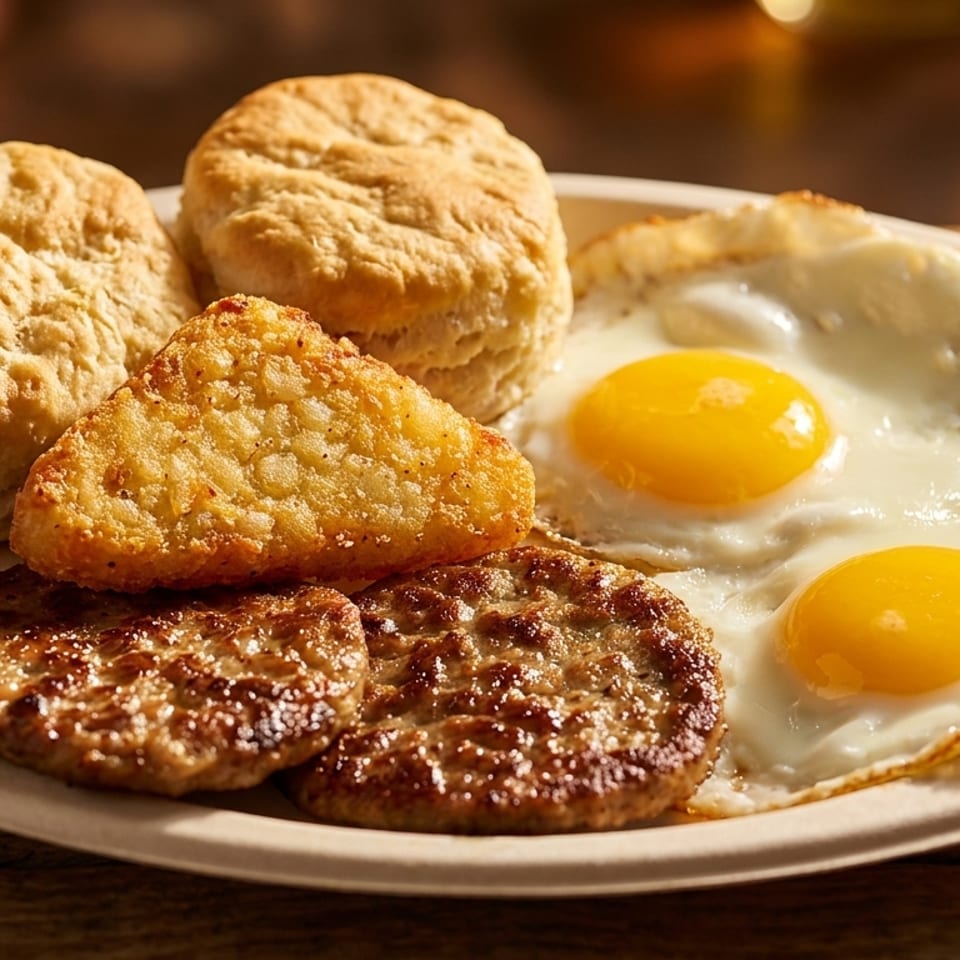 A breakfast platter with two biscuits, hash browns, sausage patties, and two fried eggs.