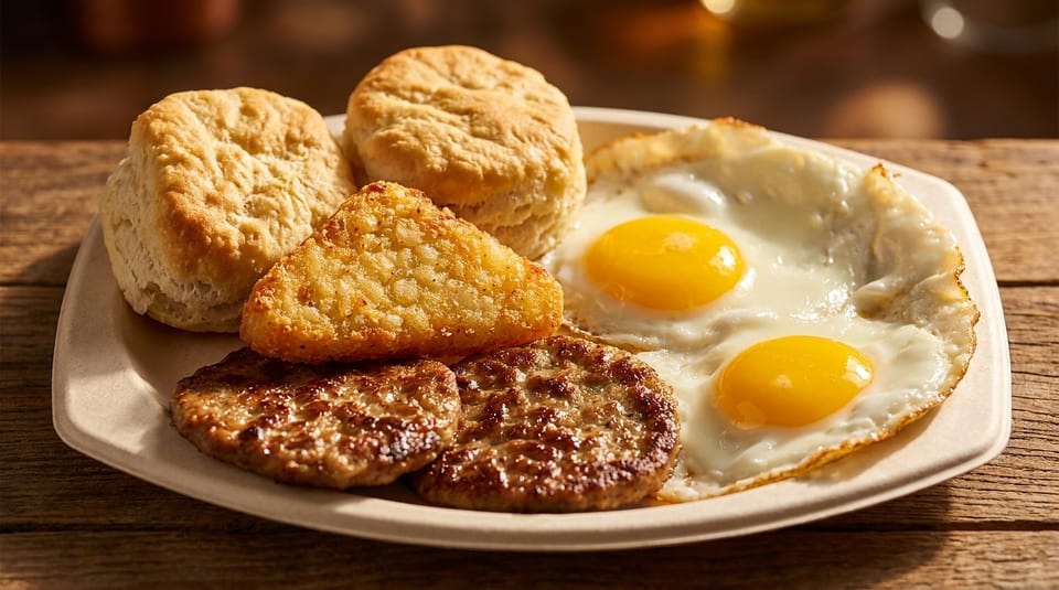 A breakfast platter with two biscuits, hash browns, sausage patties, and two fried eggs.