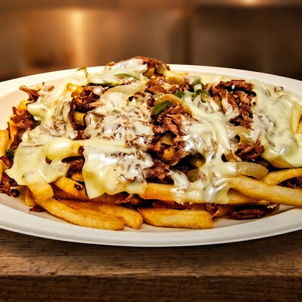 A plate of loaded fries topped with melted cheese, shredded meat, and sautéed onions.