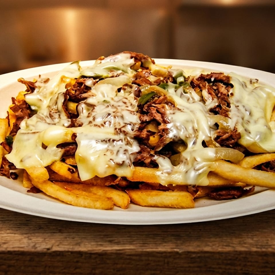 A plate of loaded fries topped with melted cheese, shredded meat, and sautéed onions.