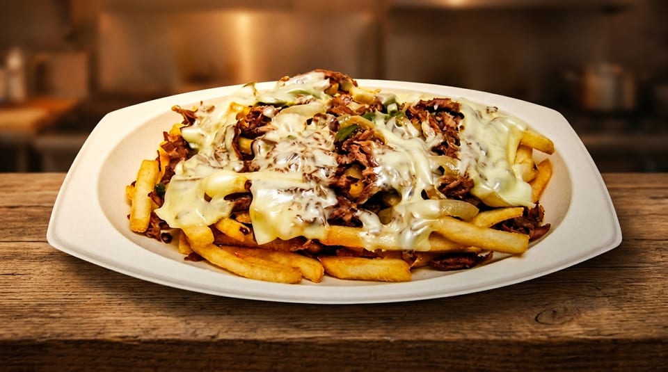 A plate of loaded fries topped with melted cheese, shredded meat, and sautéed onions.
