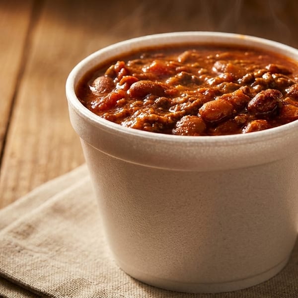Steaming hot chili in a white styrofoam cup on a wooden table with a linen napkin.