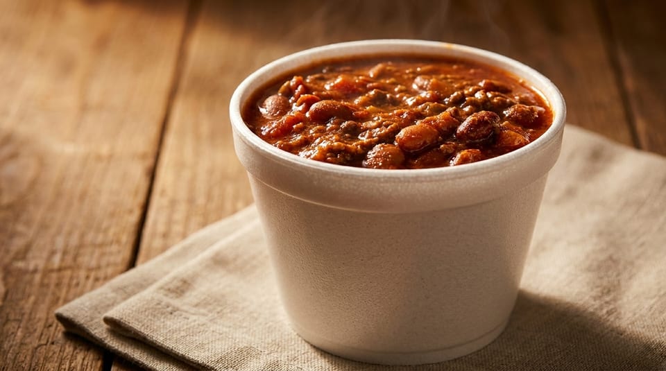 Steaming hot chili in a white styrofoam cup on a wooden table with a linen napkin.