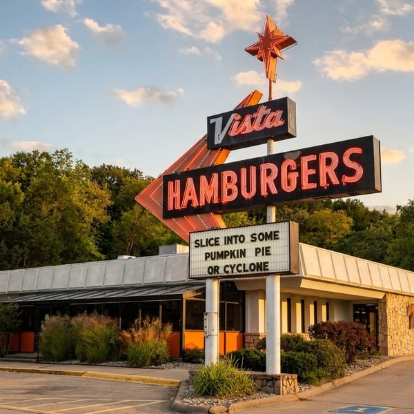 Vista Hamburgers restaurant with a neon sign and a marquee advertising pumpkin pie or cyclone.