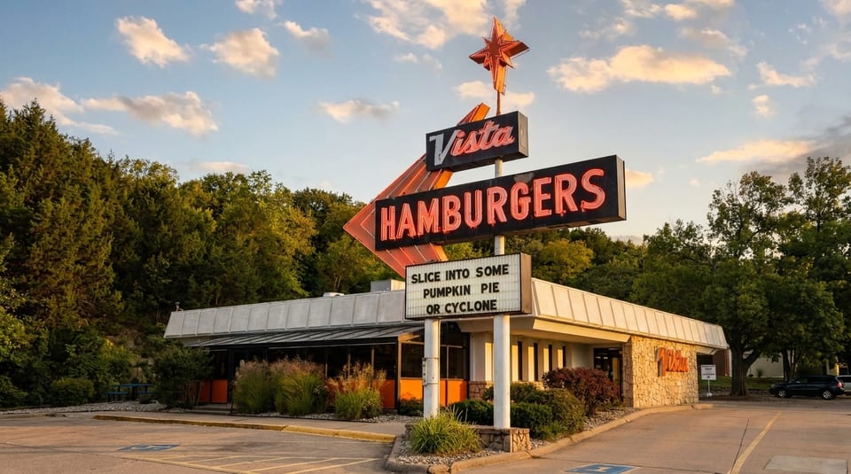 Vista Hamburgers restaurant with a neon sign and a marquee advertising pumpkin pie or cyclone.