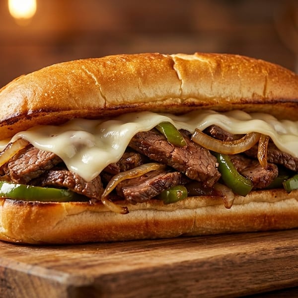 A delicious Philly cheesesteak sandwich with steak, melted cheese, onions, and green peppers on a wooden board.