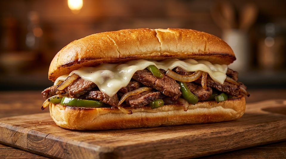 A delicious Philly cheesesteak sandwich with steak, melted cheese, onions, and green peppers on a wooden board.