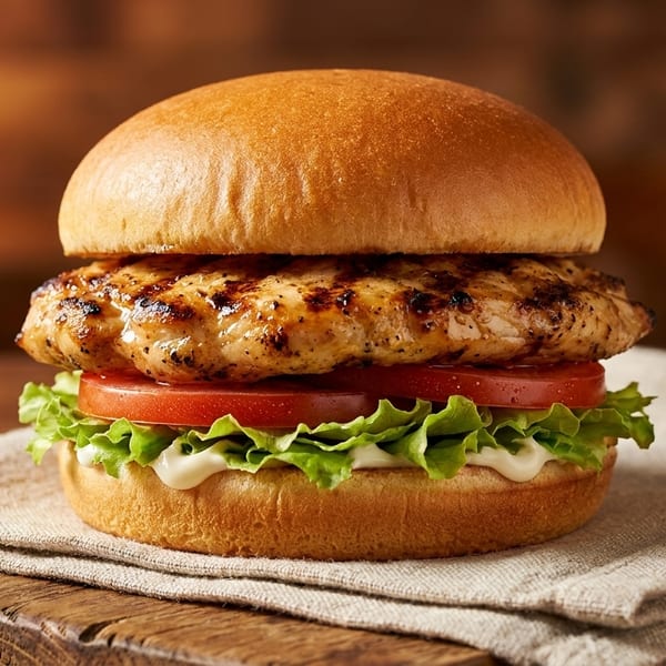 Grilled chicken sandwich with lettuce, tomato, and mayonnaise on a bun, on a wooden board.
