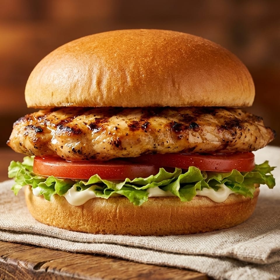 Grilled chicken sandwich with lettuce, tomato, and mayonnaise on a bun, on a wooden board.