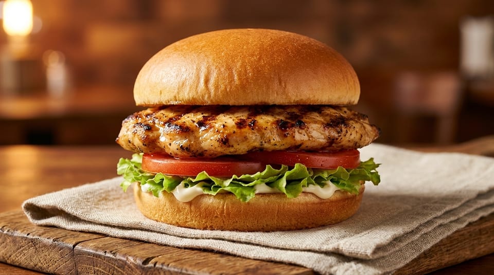 Grilled chicken sandwich with lettuce, tomato, and mayonnaise on a bun, on a wooden board.