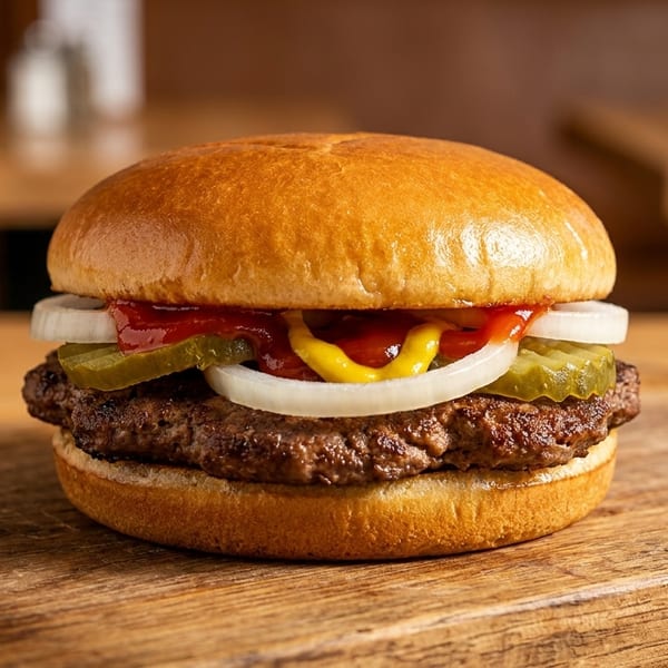 Classic cheeseburger with ketchup, mustard, pickles, and onions on a wooden board.