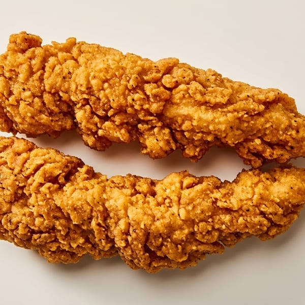Two crispy, golden-brown fried chicken tenders with visible seasoning on a white background.