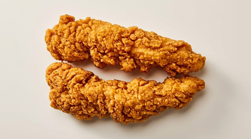 Two crispy, golden-brown fried chicken tenders with visible seasoning on a white background.