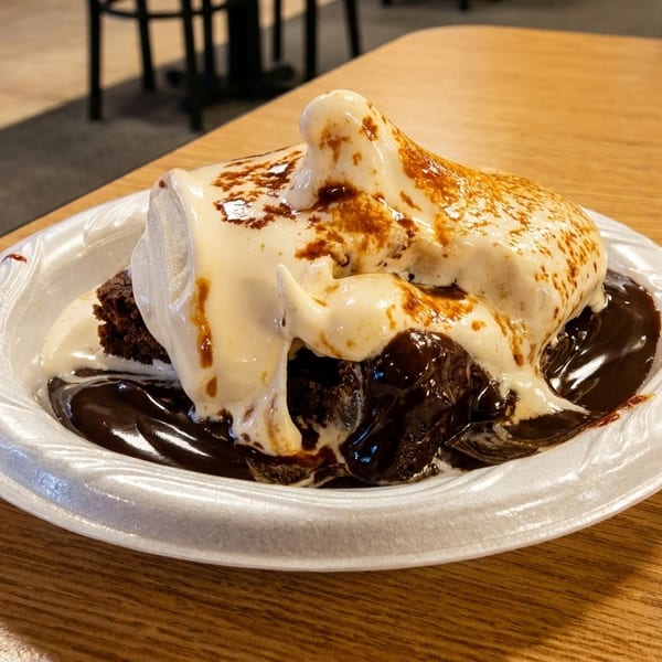 A brownie sundae with melted marshmallow and chocolate sauce on a white plate.