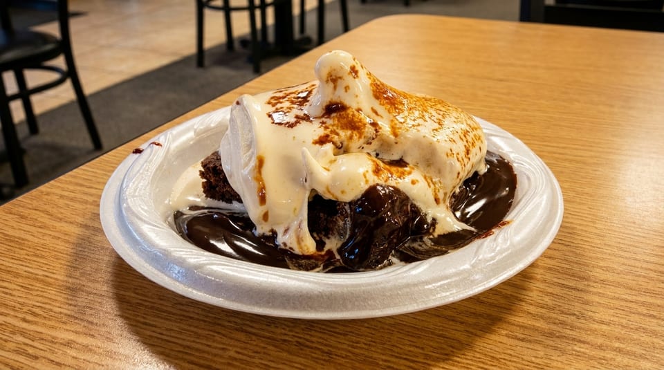 A brownie sundae with melted marshmallow and chocolate sauce on a white plate.