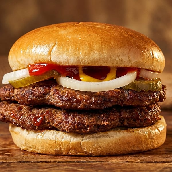 A double patty burger with ketchup, mustard, onions, and pickles on a wooden surface.
