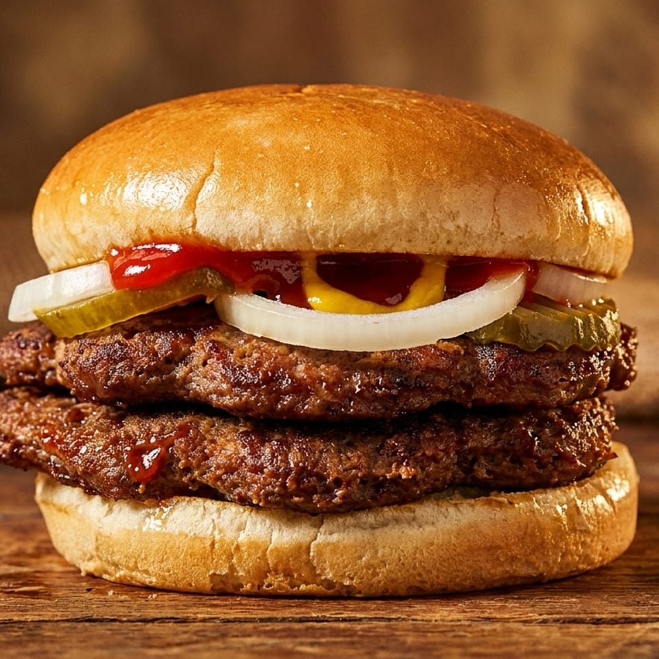 A double patty burger with ketchup, mustard, onions, and pickles on a wooden surface.