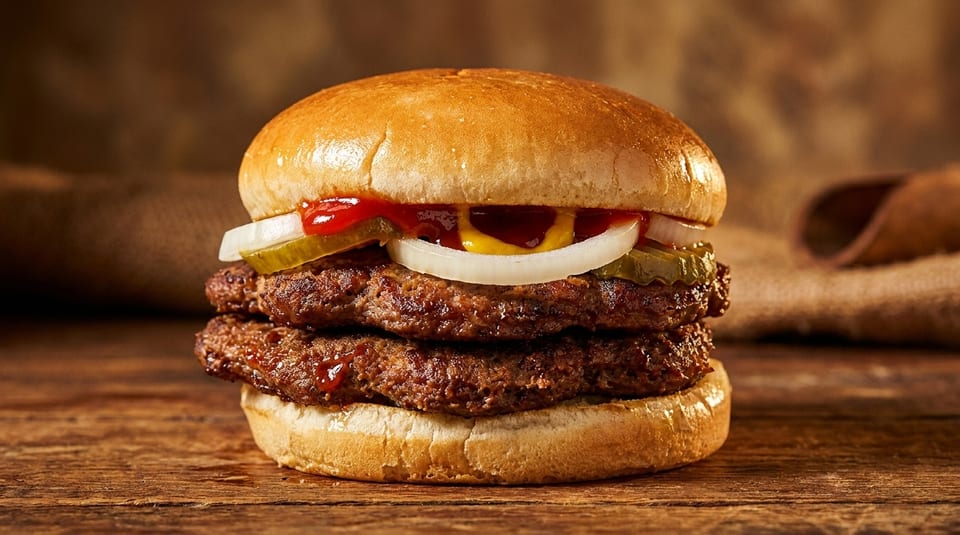 A double patty burger with ketchup, mustard, onions, and pickles on a wooden surface.