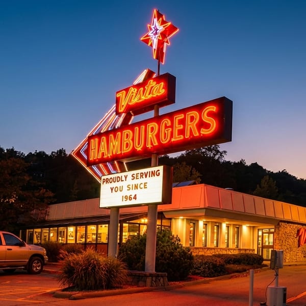 Vista Hamburgers restaurant at dusk, with a large neon sign glowing red and orange.