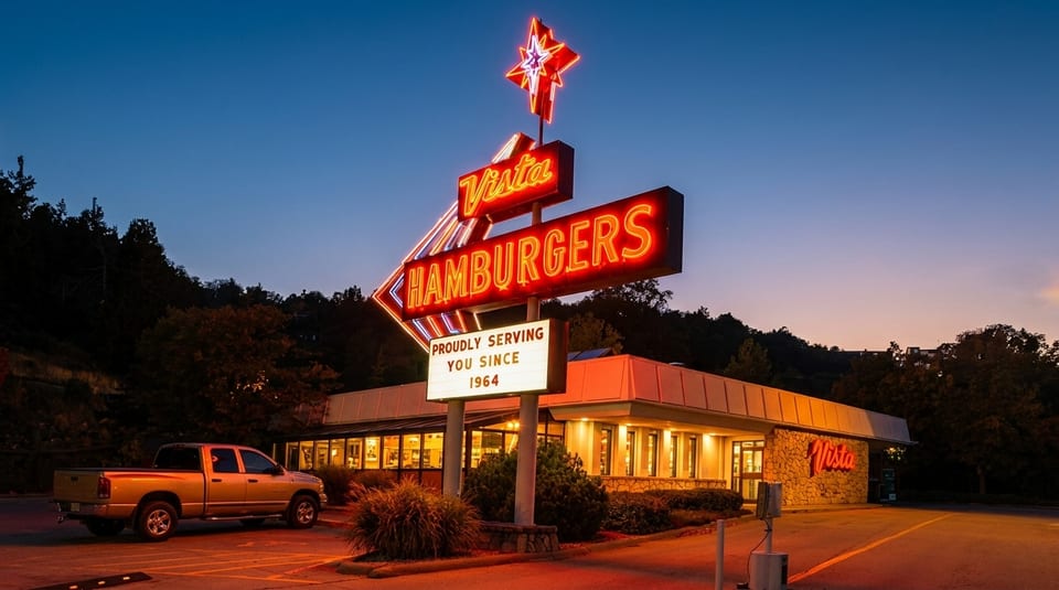 Vista Hamburgers restaurant at dusk, with a large neon sign glowing red and orange.